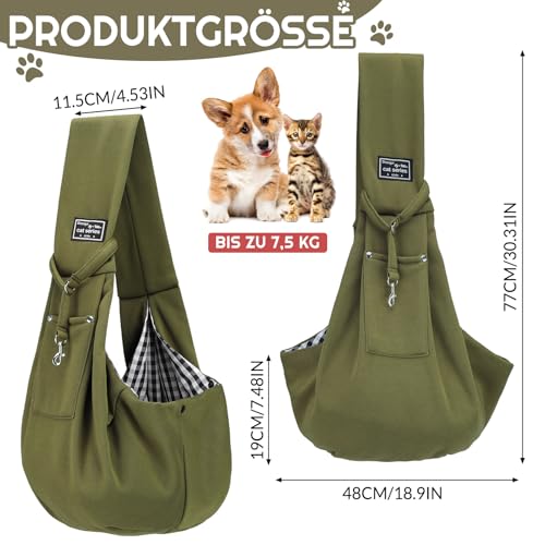 Halinuia Hundetragetasche Welpen Reversibel Kleine bis 7KG Angenehm Tragetasche Hund Sicherer mit Karabiner Tragegurt Hunde Umhängetasche für Haustiere Spaziergänge Aktivitäten im Freien (Olivgrün)