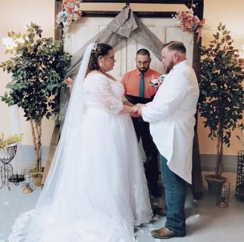 XYAYE Lace Wedding Dresses for Bride with 3/4 Sleeves Puffy Tulle Wedding Gowns V Neck Modest Bridal Gowns for Women4