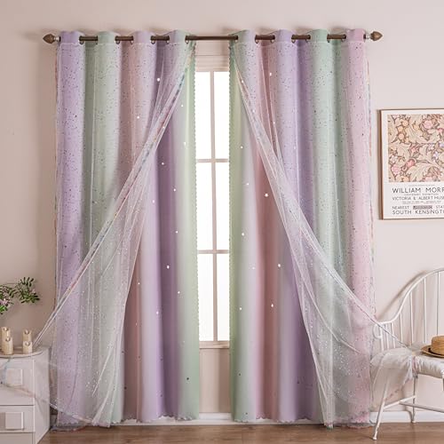 Image of Mix & Match Double Layer Laser-Cut Stars Gradient Blackout Curtains with Foil Print Sheer, 2 Panels Set for Bedroom, Nursery, Living Room - Lavender Green Pink, 34W x 95L