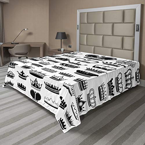 Ambesonne Queen Flat Sheet, Big Silhouette Crown Set Monarchy Imperial Ruler Antique Vintage, Soft Comfortable Top Sheet Decorative Bedding 1 Piece, California King, Black and White