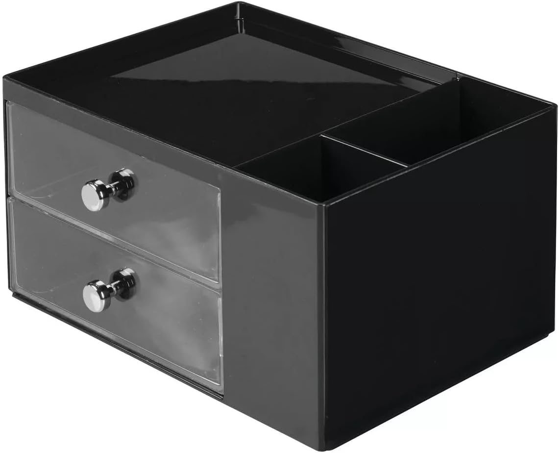 4basixMakeup Storage Organizer with Drawer – Plastic Cosmetic Storage Unit with 15 Compartments and 2 Drawers – Ideal Dressing Table Organiser (Black)