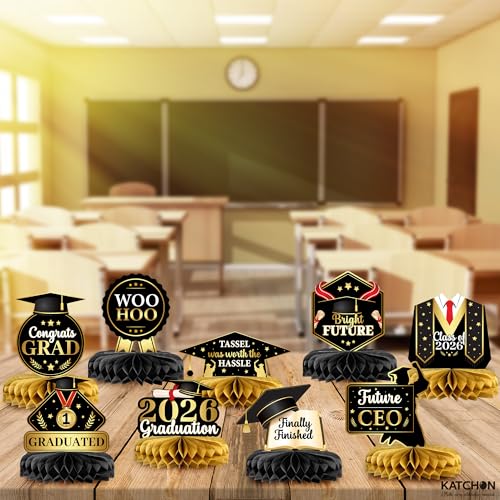 Image of Graduation Decorations 2026 | Black and Gold Graduation Centerpieces For Tables 2026 - Pack of 12 | Congrats Grad Honeycomb Centerpieces | Graduation Centerpieces 2026 | KatchOn
