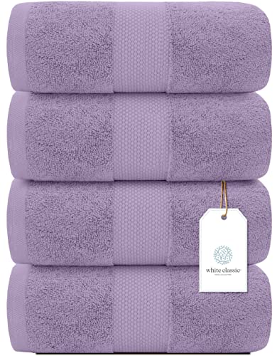 Image of White Classic Luxury Bath Towels Set of 4 Large - 700 GSM Cotton Ultra Soft Bath Towels 27x54 | Highly Absorbent and Quick Dry | Hotel Towels for Bathroom Luxury, Plush Shower Towels, Lavender