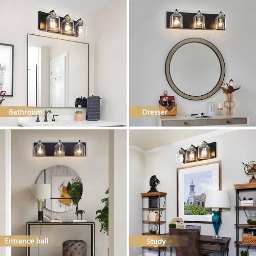 Image of Vanity Lights for Bathroom Large 23 inch, Farmhouse Rustic Vanity Light with Bubble Glass Shades, Black and Gold 3 Light Bathroom Lighting Fixtures Over Mirror, Bath Wall Sconce Home Decor