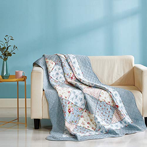 Cozyholy Original 100% Cotton Quilt Twin Size Blue Floral Patchwork Quilted Throw Blanket, Reversible Bedspread Coverlet Vintage Shabby Chic Bedding Quilt for Bed Couch Sofa