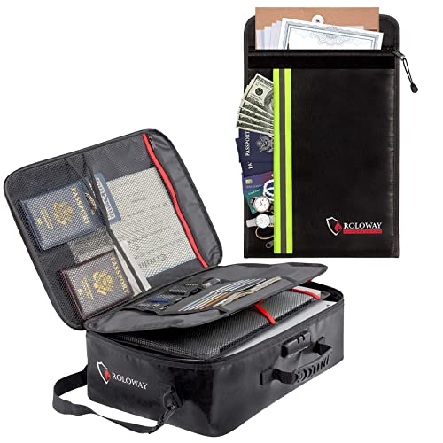 ROLOWAY Fireproof Document Bag with 2 Pockets (Black) & Large Fireproof Bag with Fireproof Money Bag (Silver)