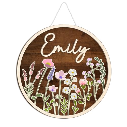 Mondily Flowers Baby Name Signs for Nursery Decor, Personalized Baby Name Signs, Baby Birth Announcement Sign, 2 Layers Wood Birth Stat Sign (Flower 01)