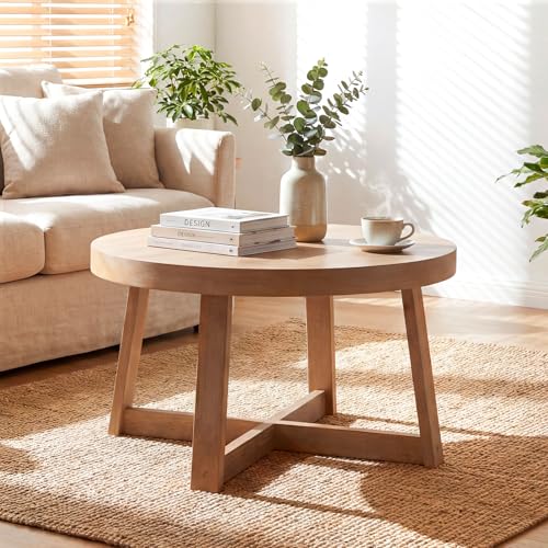 Giantex Round Coffee Table, 30" Wood Center Table with Thickened Tabletop & Cross-Shaped Pine Wood Frame, 220 lbs Capacity, Modern Living Room Table for Small Spaces, Natural