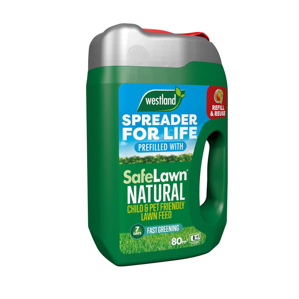 Westland SafeLawn Spreader for Life 80m2 Child & Pet Friendly Lawn Feed NPK 6-2-4 Organic Base Spring Summer Autumn Fertiliser Moss Weed Preventer Grass Seed Thickener Treatment