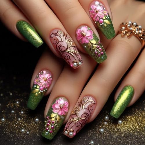 Flower Press on Nails Coffin Medium Long Green Fake Nails with Designs 3D Spring False Nails Glossy Gel Acrylic Nails Fancy Full Cover Glue on Nails Pink Floral Stick on Nails for Women 24Pcs