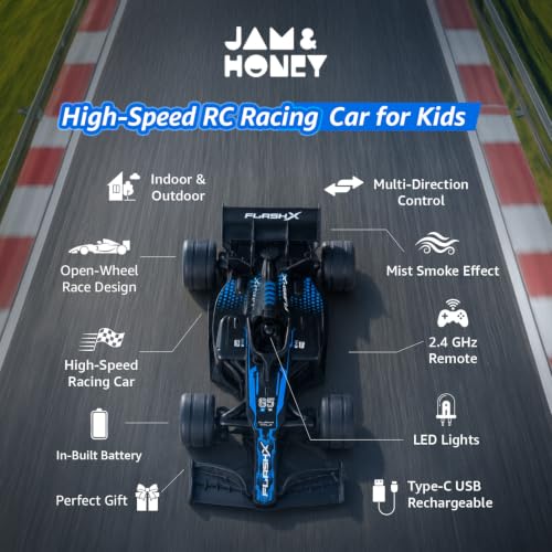Image of Amazon Brand - Jam & Honey Formula F1 RC Racing Car for Kids | 2.4GHz Remote (100+ ft Range) | Mist Smoke Effect | LED Lights | USB Type-C Rechargeable | Multi-Direction Control | Black|4+ Years