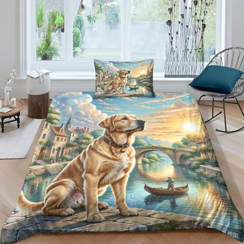 Housse de couette Labrador 3D anti-plis en microfibre douce avec fermeture éclair cachée