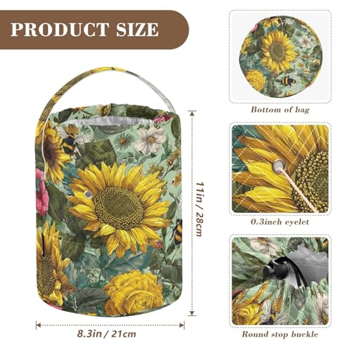 Image of ElliTarr Crochet Bag Yarn Bag with Handle Portable Knitting Project Bag Travel Yarn Storage Organizer Holder Case Bees Sunflowers Leaves Green