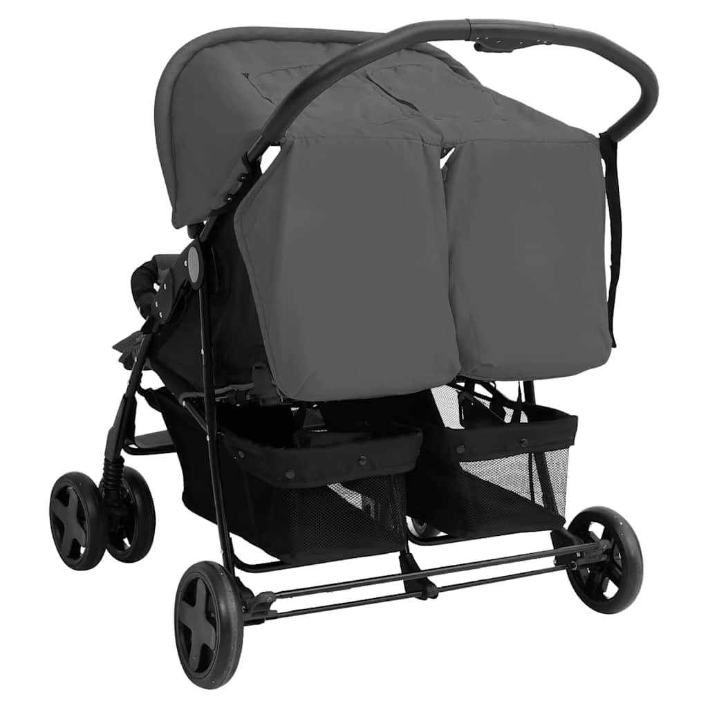 Cochecito gemelar gris oscuro de acero con función plegable, función reclinable, suspensión, toldo para recién nacidos y niños pequeños, compacto, ligero, manejable, ideal para exteriores y