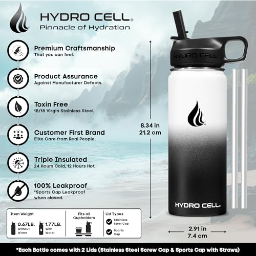 Image of HYDRO CELL Stainless Steel Insulated Water Bottle with Straw - For Cold & Hot Drinks - Metal Vacuum Flask with Screw Cap and Modern Leakproof Sport Thermos for Adults (Black /White 18oz)
