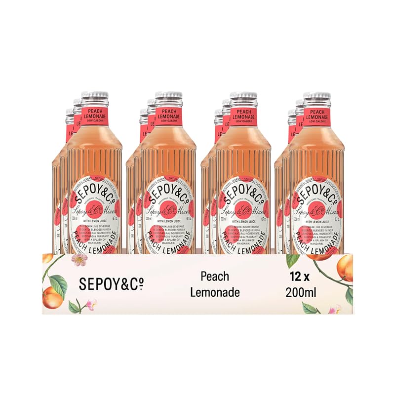 Image of SEPOY & CO. Peach Lemonade, Premium Cocktail Mixer, Made with Peach & Lemons, Low Calorie, Sparkling Lemonade Mocktail, Pack of 12 X 200 ml