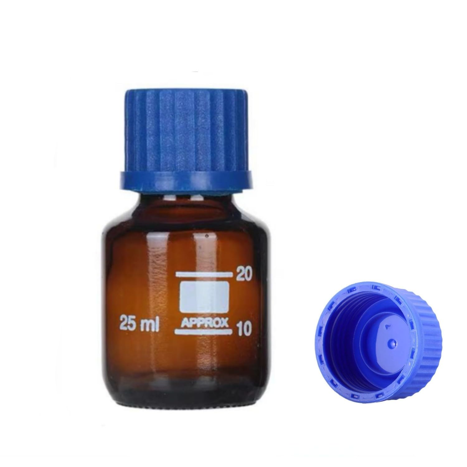QOAEZK 25ml Amber Reagent Media Bottle, Graduated Glass Round Media Storage Bottle with blue GL25 Screw Cap, Wide Mouth Lab Reagent Bottle,Pack of 1