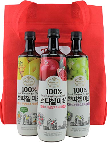 Korean CJ Petitzel Fruit Vinegar Drink Concentrate, 3 Bottle Set: Pomegranate, Pineapple and Grape, 91 Fl Ounces