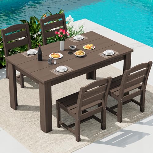 Image of SERWALL 59 inch Patio Dining Set for 4, w / 1 Table & 4 Armless Chairs, Coffee | Armless Patio Dining Sets for All Weather Use