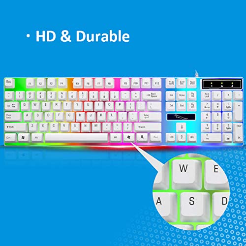 Lancoon Tastiera Da Gioco - Cablata USB, Con Retroilluminazione A LED Arcobaleno, 104 Tasti E Design Resistente All'Acqua Per I Giocatori Di PC E Laptop, Bianca