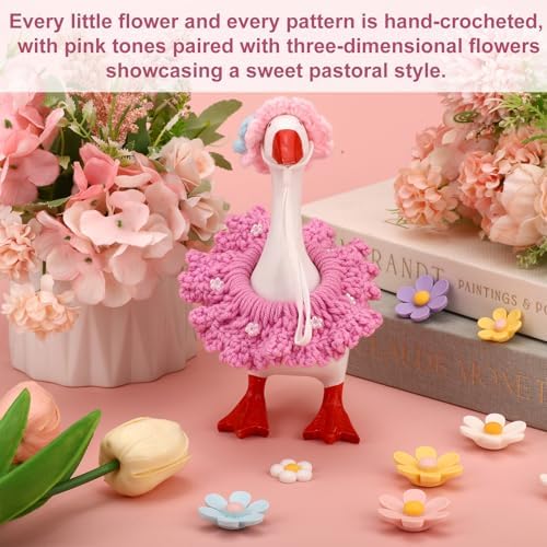 Sinbana Desk Goose Outfit, Polyester Cute Desktop Goose Clothes Including Pretty Hat & Skirt for 7 Inches Desktop Geese (Flower Style, Pink) - 2