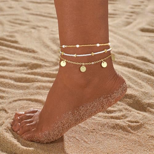 Image of Gold Ankle Bracelets for Women,14k Gold /Silver Plated Waterproof Layered lightweight Cuban Link Figaro Chain Heart anklet Bracelets Set Gold Anklets for women Trendy Jewelry Gift