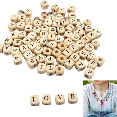 JFangZHZH Cuentas de Madera con Letras,100 Piezas Letras de Madera,Cuentas para joyería DIY,Material Educativo para Manualidades para Collares,Pulseras,llaveros