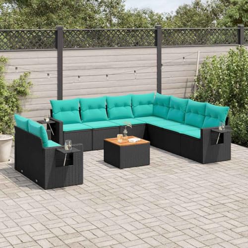 QJBSAVVA 10-TLG. Rattan Gartensofa Set Schwarz Akazienholz 55x55 cm...