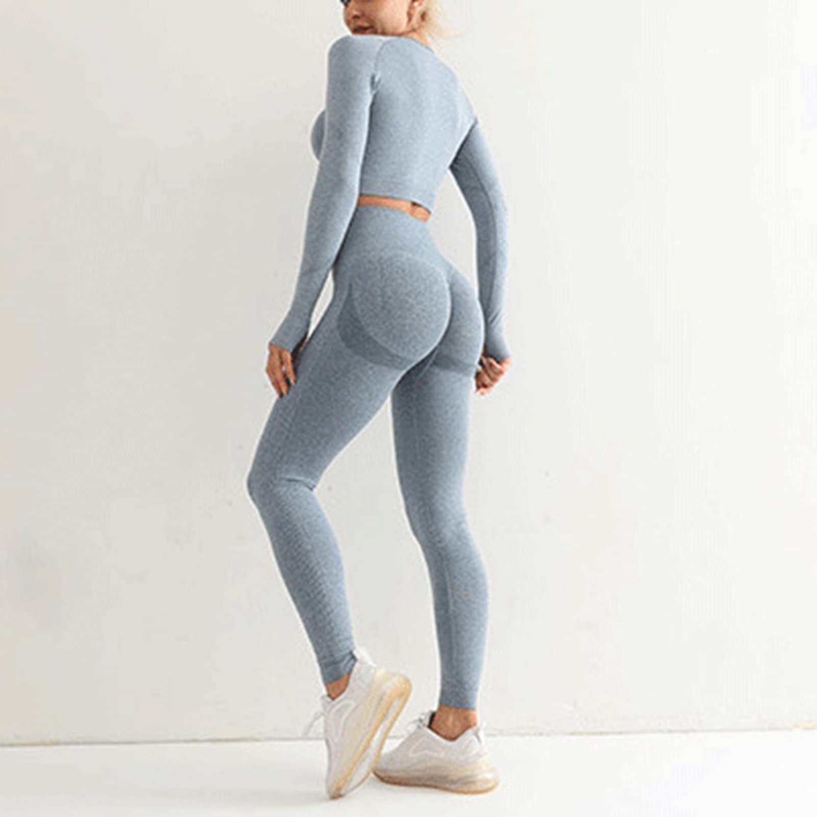 Ausla Set da Yoga per Fitness da Donna, Tute Sportive, Tuta da Jogging, 2 Pezzi, Top Corto a Maniche Lunghe e Leggings