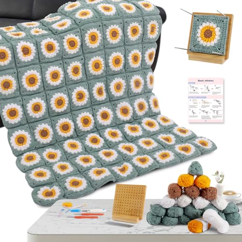 YEEAJERCC Crochet Kit for Beginners Blankets- Granny Square,DIY Starter Kit with Easy Yarn, Blocking Board,Patterns & Video Tutorial, Easy Knitting Kit for Beginner Craft Gift for Adults and Teens