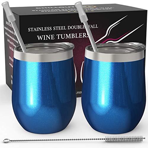 Stainless Steel Stemless Wine Tumbler 2 Pack Sparkle Blue 12 oz | Double