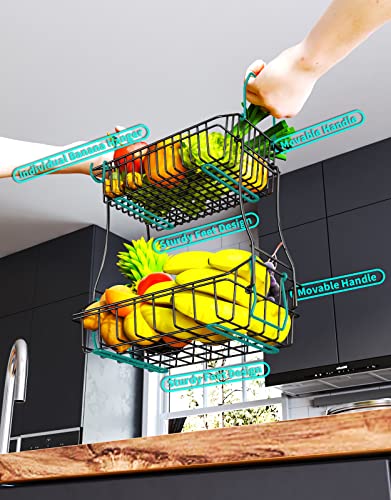 Hapirm 2 Tier Fruit Basket With Movable Banana Hanger, 304 Stainless Steel Detachable Metal Wire Fruit Bowl, Multifunctional Bread Basket For Kitchen, Living Room And Bedroom-Black #TOP1