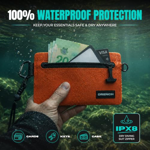 Image of Drench RFID Waterproof Floating Wallet IPX8 Dry Bag for Cards & Cash,Orange | IPX8 waterproof RFID wallet for cards, cash & keys with floating design, adjustable lanyard, belt loop & carabiner