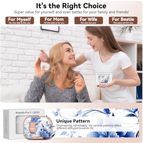 Image of for AirPod Pro 3 Case 2025, with Safty Lock & Phone Stand for Floral AirPod Pro 3 Generation Case Cover for Women Girly, iPod Pro 3 Cases with Keychain & Cleaner Kit -Blue +White Porcelain