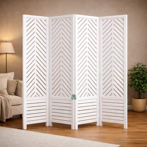 Image of Wooden Room Divider 6 Feet, 4-Panel Folding Wooden Partition for Living Room, Office, Pooja Room, Restaurant, Kitchen & Balcony (2W x 1.82H Meters). (White-Cone Pattern)