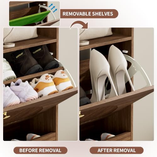 Image of Shoe Storage Cabinet with 2 Flip Drawers, Shoe Organizer Storage with Adjustable Shelves, Freestanding Hidden Slim Narrow Shoe Rack Cabinet for Entryway, Foyer, Hallway, Living Room (Walnut)