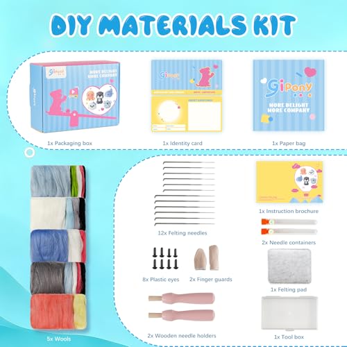 Image of Gipony Needle Felting Kit,5Pieces Animal Making Wool Needle Felting Starter Kit with Instruction,Felting Kits for Beginners Adult,Needle Felting kit Beginner,Wool Felting kit,