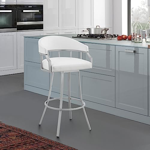Armen Living Valerie Moderno Butaco Giratorio de 30" de Altura de Asiento en Cuero Sintético Blanco y Estructura de Acero Plateado miniatura 2