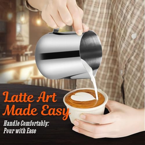 Image of Flexzion Stainless Steel Milk Frothing Pitcher - Milk Boiler Cup Jug Creamer Accessories Suitable for Barista, Espresso Machines, Cappuccino Coffee, Milk Frother, Latte Art 12 oz (350 ml)