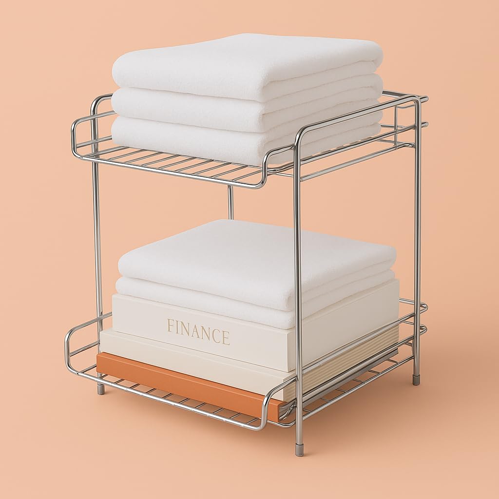 GLOCY 2-Tier Stainless Steel Storage Shelf Organizer, Chrome Finish, Stackable Kitchen Cabinet and Counter Rack,Files & Books Holder, Multipurpose Home and Kitchen Rack(Silver)