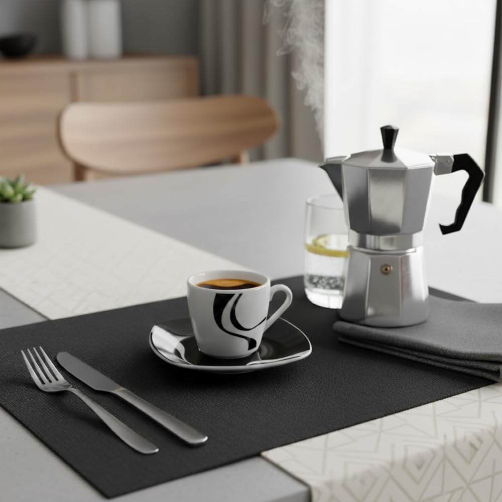 Kyo Nero – Set 12 Pezzi: 6 Tazzine da caffè in Porcellana Lucida con 6 Piattini Ø12 cm, Design Moderno Bianco e Nero, Lavastoviglie e Microonde, Coordinato con Servizio Piatti e Bicchieri