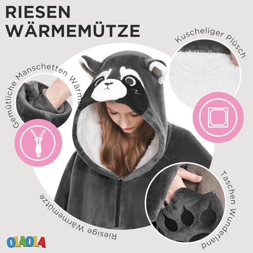 OLAOLA Waschbär Decken-Hoodie Unisex, Oversized Sherpa Kuscheldecke – Ansicht 2