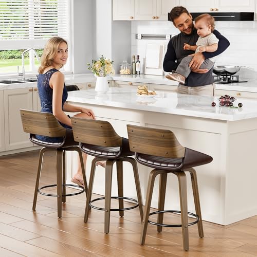 Image of YaFiti Bar Stools Set of 4, 26 inch Swivel Counter Height Barstools with Bentwood Back and Legs, Mid Century Modern Upholstered Faux Leather Counter Stools for Kitchen Island, Bar, Dining Room, Brown