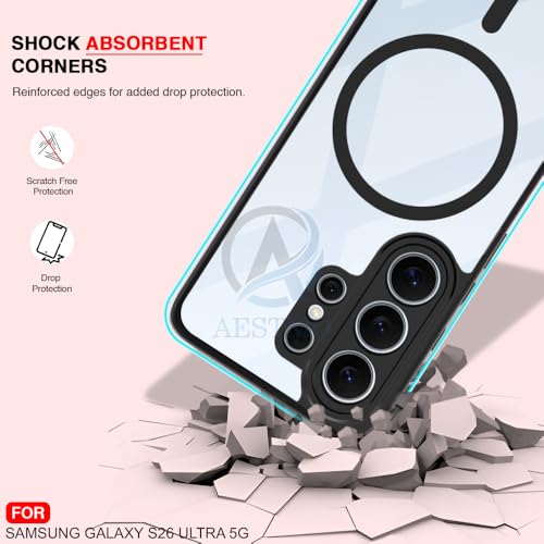 Image of AESTMO Samsung S26 Ultra 5G Back Cover | 360 Protection | Crystal Clear Hard Back Transparent | Compatible with MagSafe Accessories (PC+TPU, Black Bumper)