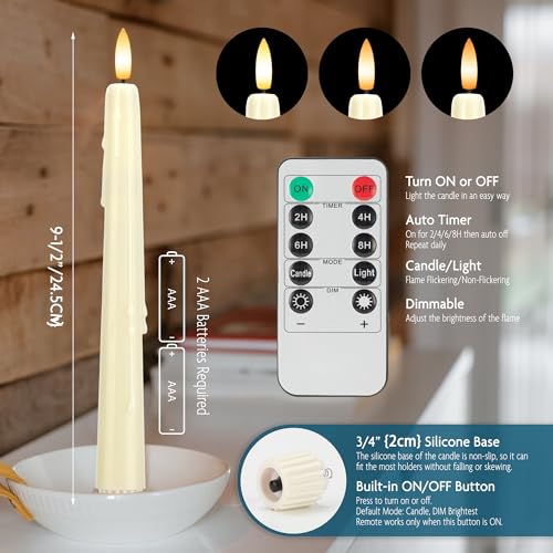 Image of Dripless Real Wax Flameless Taper Candles with Remote Timer,Battery Operated LED Candles Set with 3D Flickering Flame,9.6 inch Realistic Dripless Candlesticks for Wedding Home Decor,6 Pack Ivory