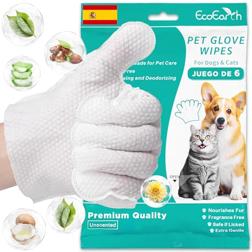 EcoEarth - Toallitas prémium para Perros y Gatos - 6 Guantes - Guante de Lavado desechable para baño y Aseo - Patas y Cuerpo limpios