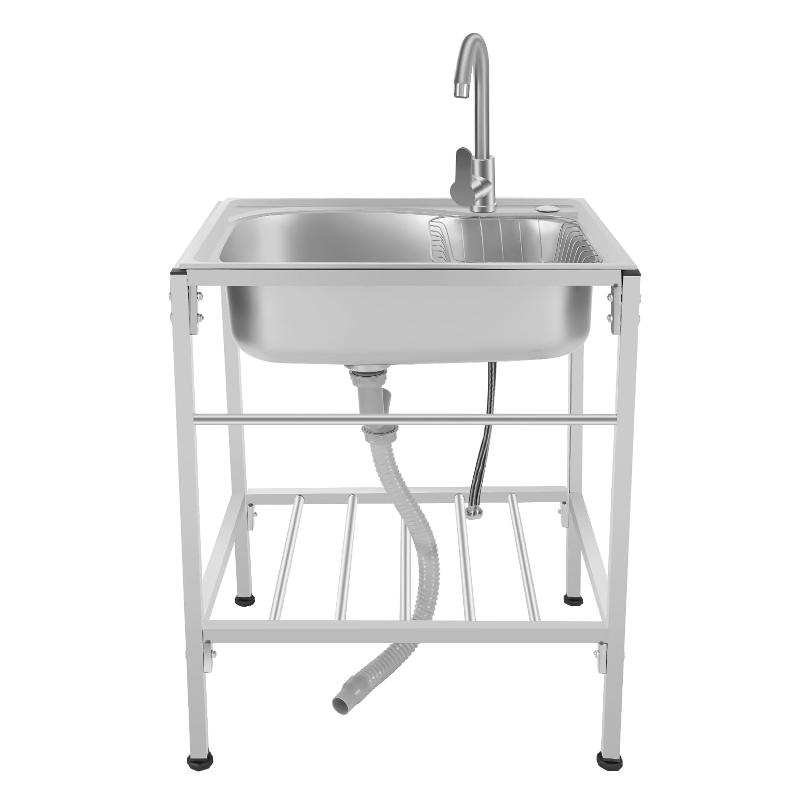 Lavabo indipendente in acciaio inox, 60 x 45 x 75 cm, 1 vasca, mobile per garage industriale, per esterni, giardino, campeggio, con rubinetto, scolapasta per lavanderia, garage, cortile