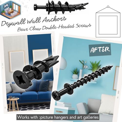 Image of 30pcs Self-Drilling Black Drywall Anchor and Double-Headed Screws Kit - 15 Metal Wall Anchors ,15 Bear Claw Wall Picture Screws for D-Rings, 4-in-1 Hanging Hooks for Sawtooth, Wire, Keyholes