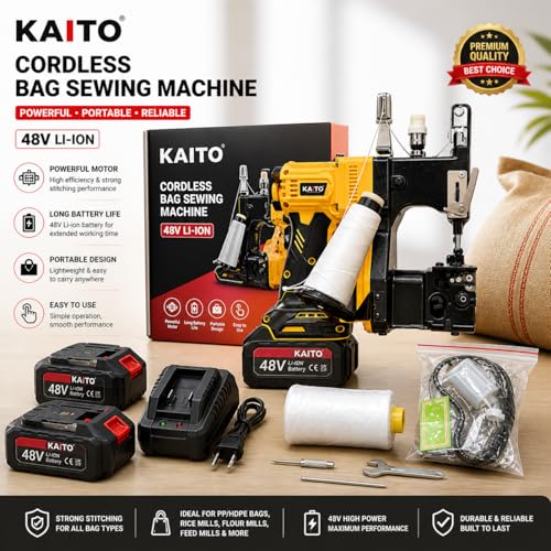 Image of KAITO 48V Cordless Bag Closer Sewing Machine | Brushless Motor | Only 3.5 KG | Single Needle | Metal Body | Portable & Lightweight | 2 x 5.0Ah (10Cell) Battery | Extra Needle, Thread & Accessories