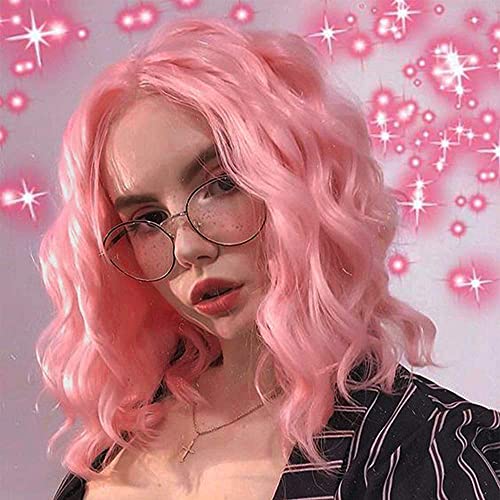 Nnzes Short Bob Wavy Curly Wig Synthetic Light Pink Cosplay Bob Wig Shoulder Length Hair for Women Middle Part Pink Halloween Heat Resistant Wig